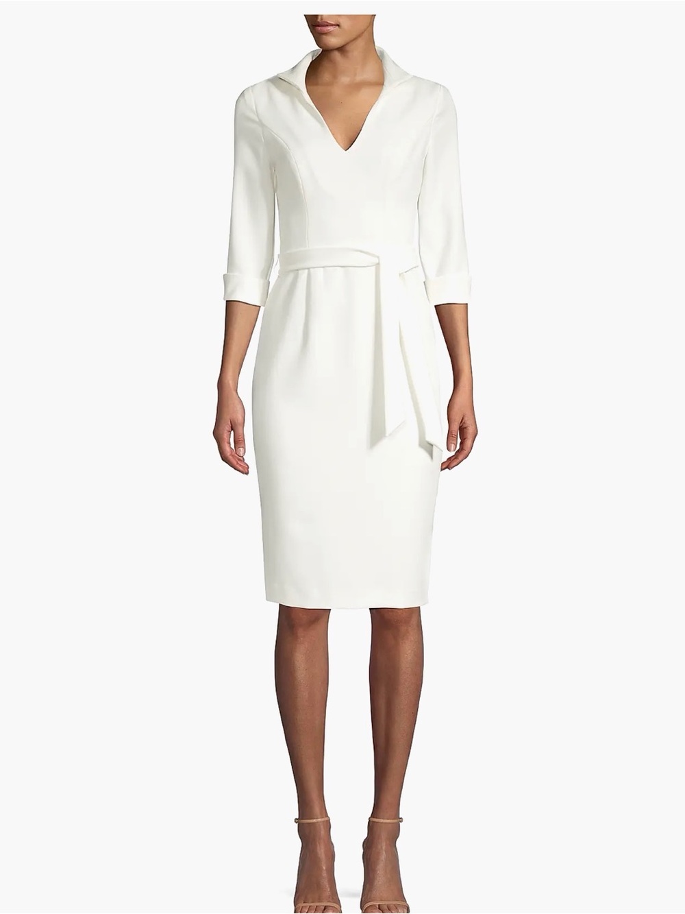 Black Halo White V-Neck 3/4 sleeve Madeline Dress with Tie Waist